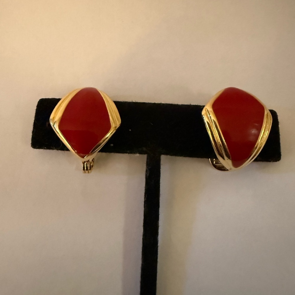 Monet clip on Gold Plated & Bright Red Enamel vintage signed earrings.